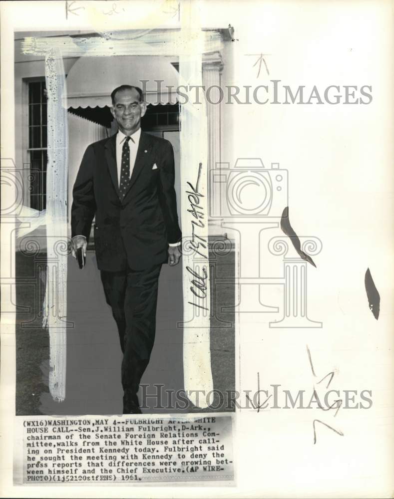 1961 Press Photo Arkansas Senator J. William Fulbright leaving the White House - Historic Images