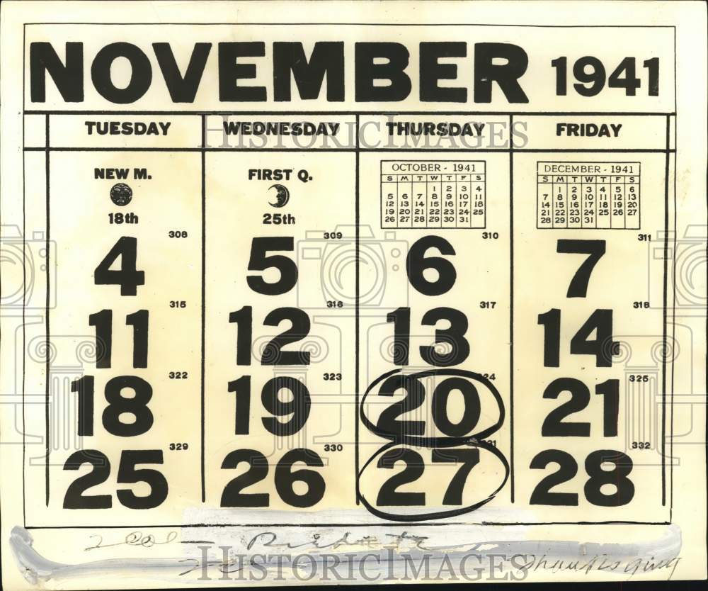 1940 Press Photo November page from 1941 calendar with the 20th &amp; 27th circled - Historic Images