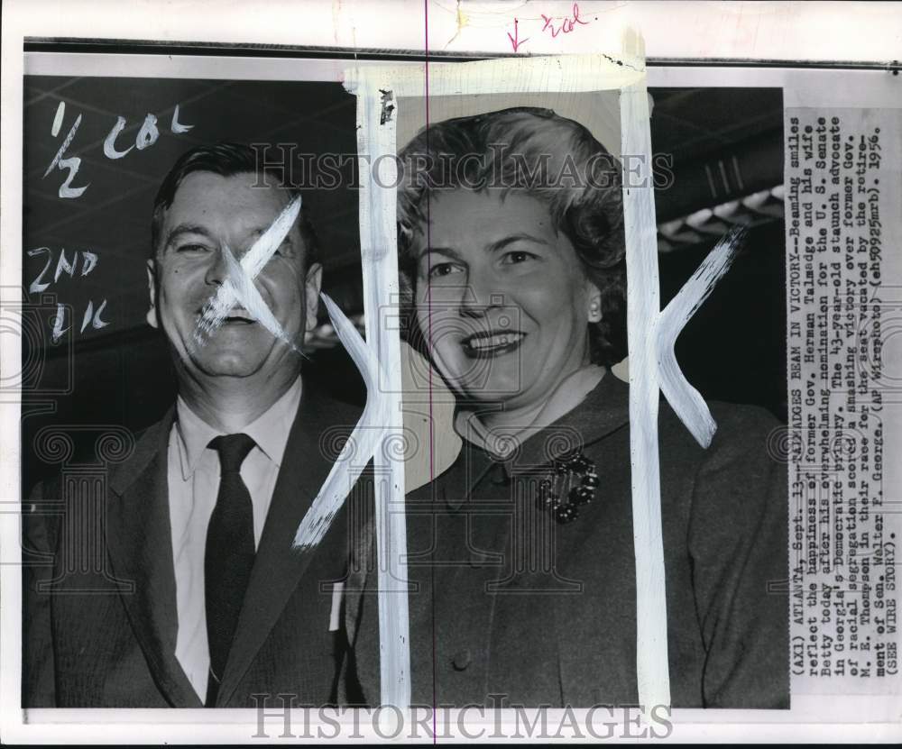 1956 Press Photo Mr. &amp; Mrs. Herman Talmadge celebrate election win in Georgia- Historic Images