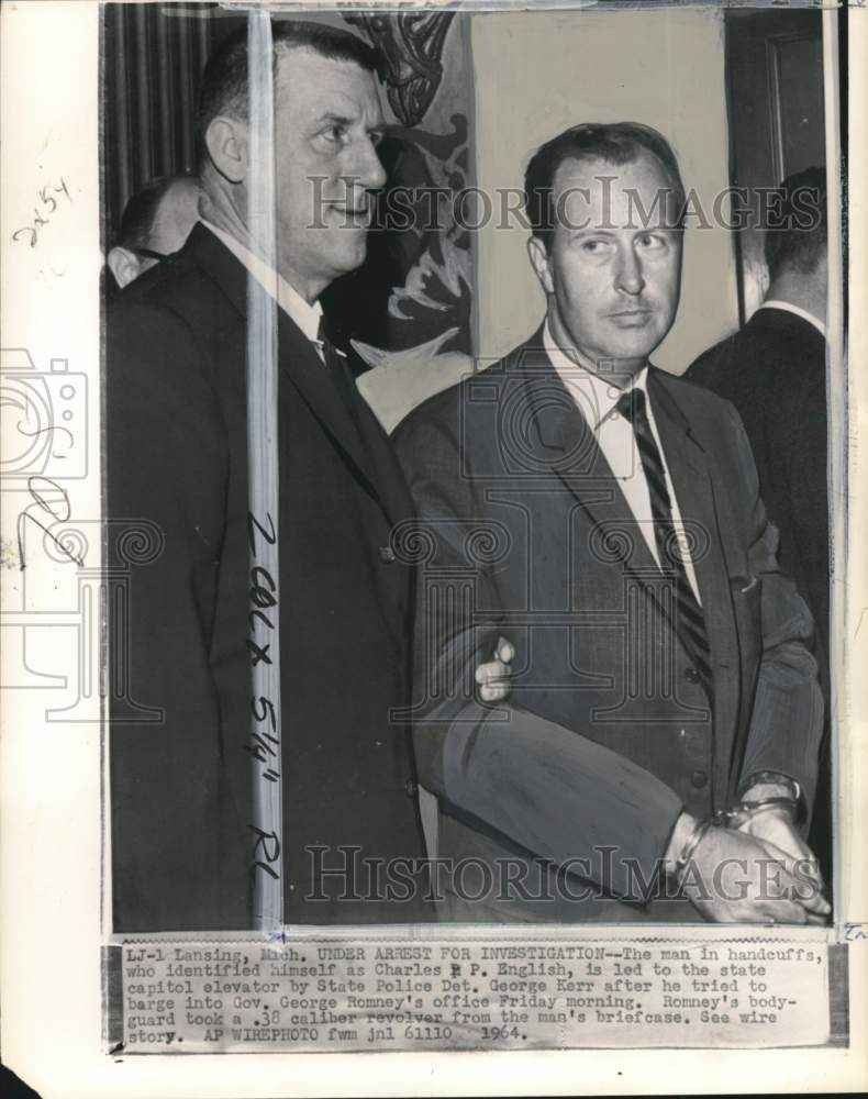 1964 Press Photo Charles English Held in Entry Try to Governor Romney&#39;s Office - Historic Images