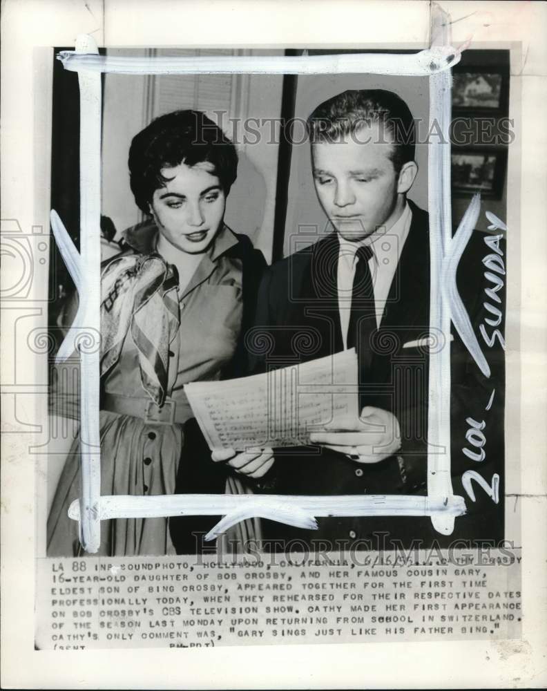 1955 Press Photo Singers &amp; cousins Cathy &amp; Gary Crosby rehearse in Hollywood, CA - Historic Images