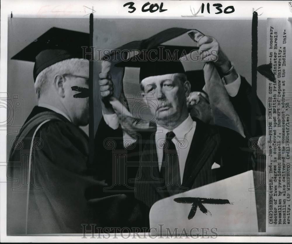 1958 Press Photo Russell Humbert gives honorary degree to Harold Macmillan in IN- Historic Images