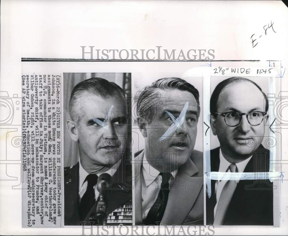 1968 Press Photo William Westmoreland, Sargent Shriver & Wilbur Cohen in DC - Historic Images