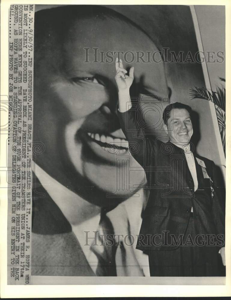 1957 Press Photo James R Hoffa in front of portrait, Teamsters Union convention- Historic Images