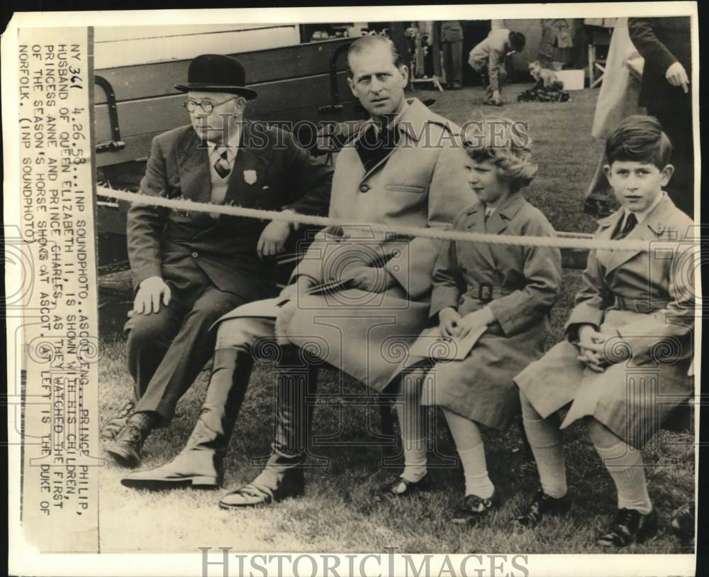 1958 Duke of Norfolk, Prince Philip & his kids at Ascot horse show-Historic Images