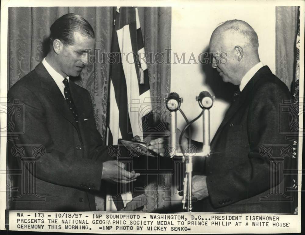 1957 President Eisenhower gives medal to Prince Philip, White House-Historic Images