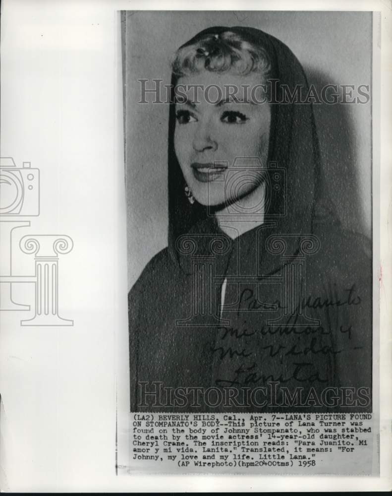 1958 Actress Lana Turner in Photo Found on Johnny Stompanato&#39;s Body-Historic Images