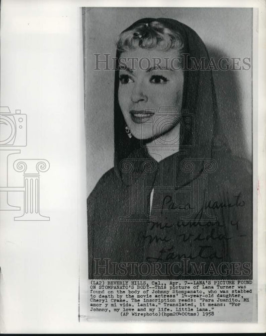 1958 Actress Lana Turner in Photo Found on Johnny Stompanato's Body-Historic Images