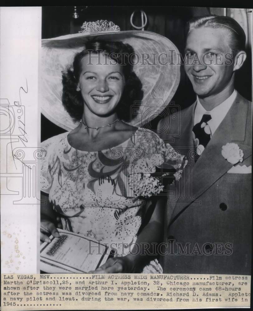 1947 Press Photo Actress Martha O'Driscoll & Arthur I. Appleton After Marriage - Historic Images