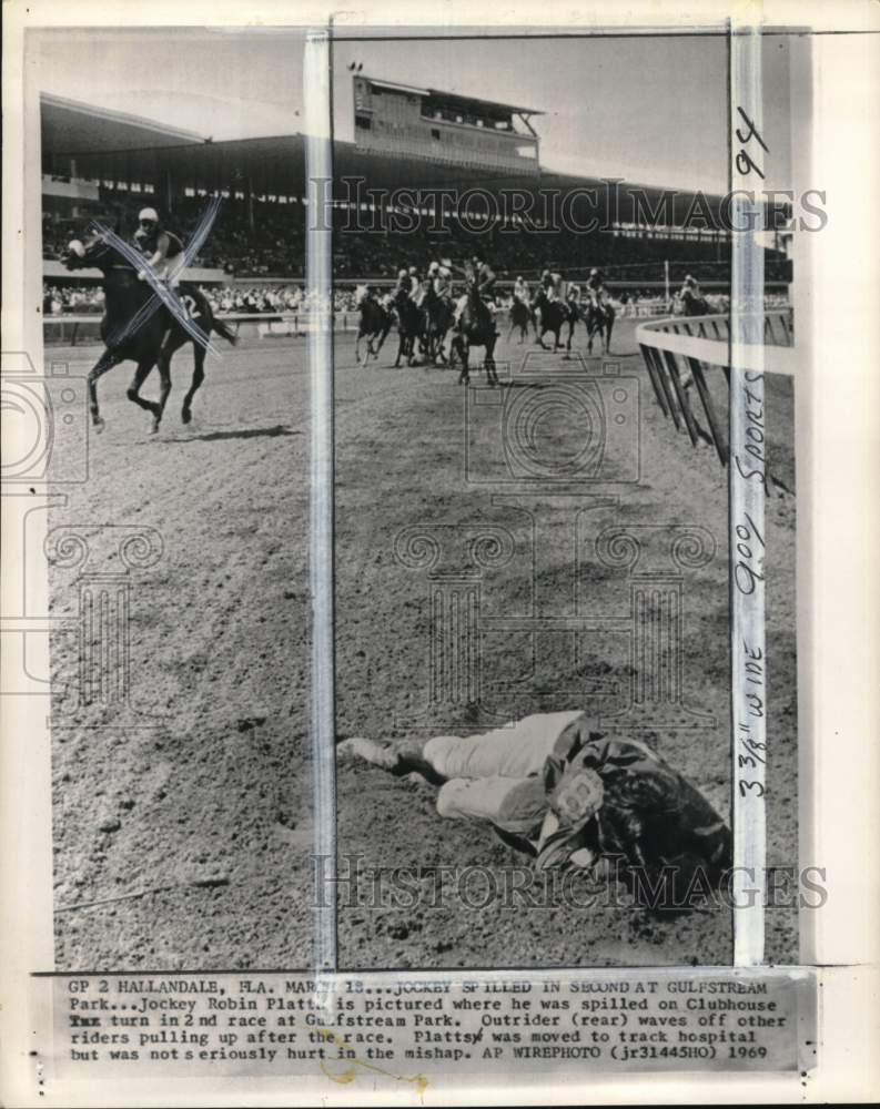 1969 Press Photo Injured jockey Robin Platts at Gulfstream Park - pis00018- Historic Images