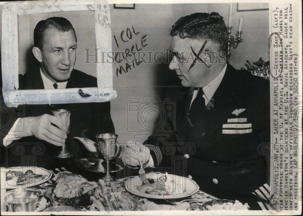 1948 Press Photo Football Coach George Sauer, Captain Tom Hamilton At Annapolis - Historic Images