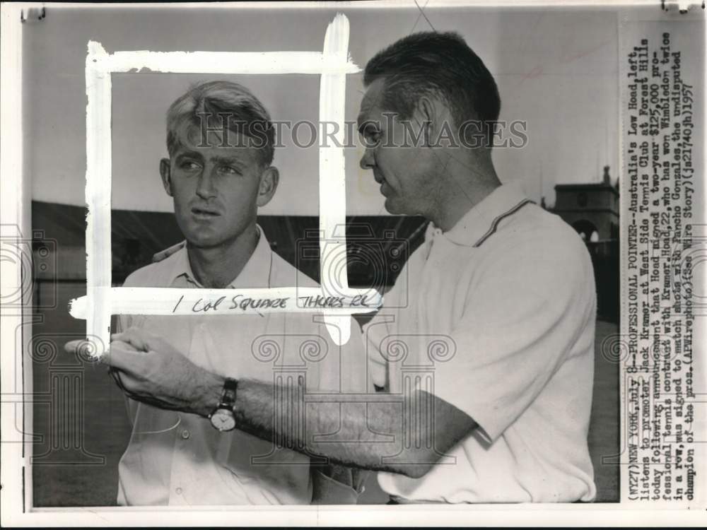 1957 Press Photo Tennis player Lew Hoad with Jack Kramer, Forest Hills, New York - Historic Images