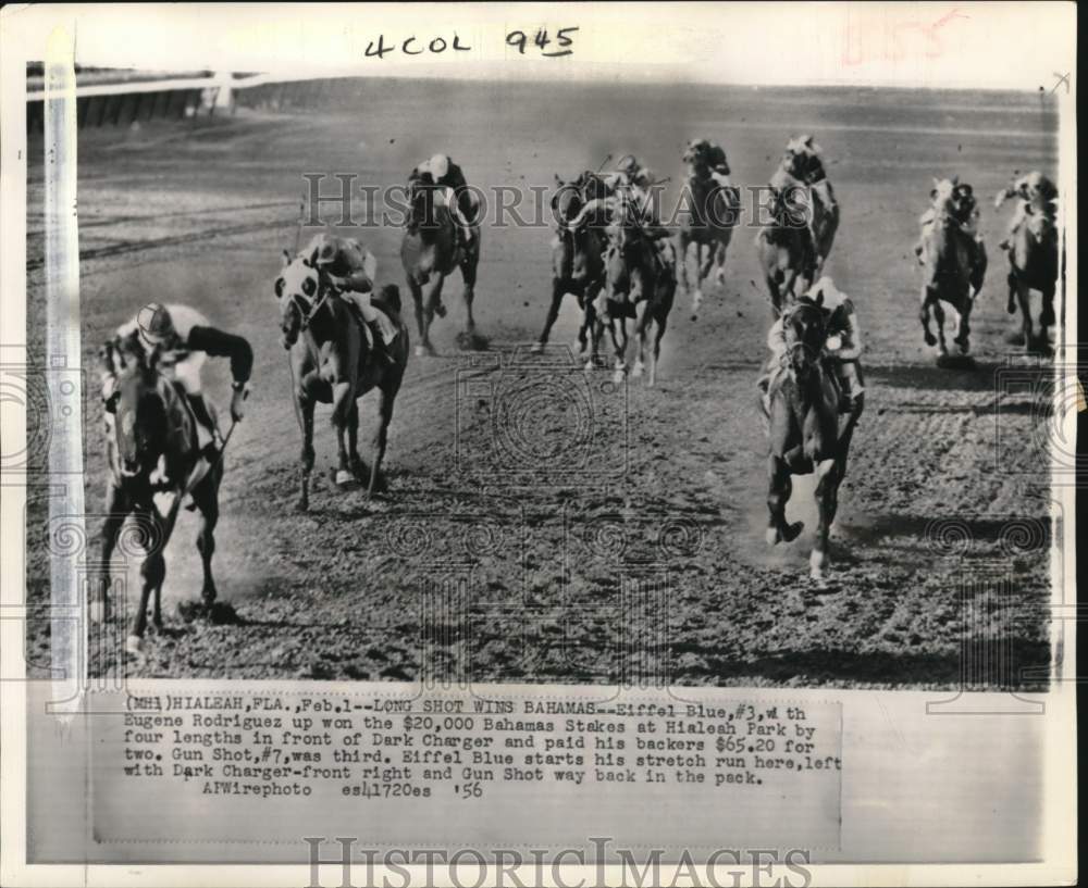 1956 Press Photo Eugene Rodriguez &amp; horse &quot;Eiffel Blue&quot; win Bahamas Stakes, FL- Historic Images