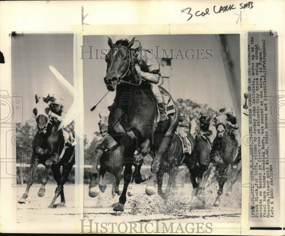 1964 Press Photo Jockeys aboard horses, Atlantic City track race, NJ - pis01302 - Historic Images