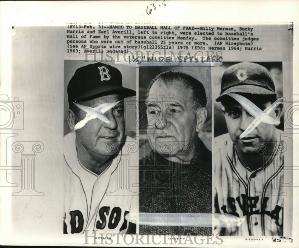 1975 Press Photo Bucky Harris, Billy Herman, Earl Averill, Baseball Hall of Fame- Historic Images