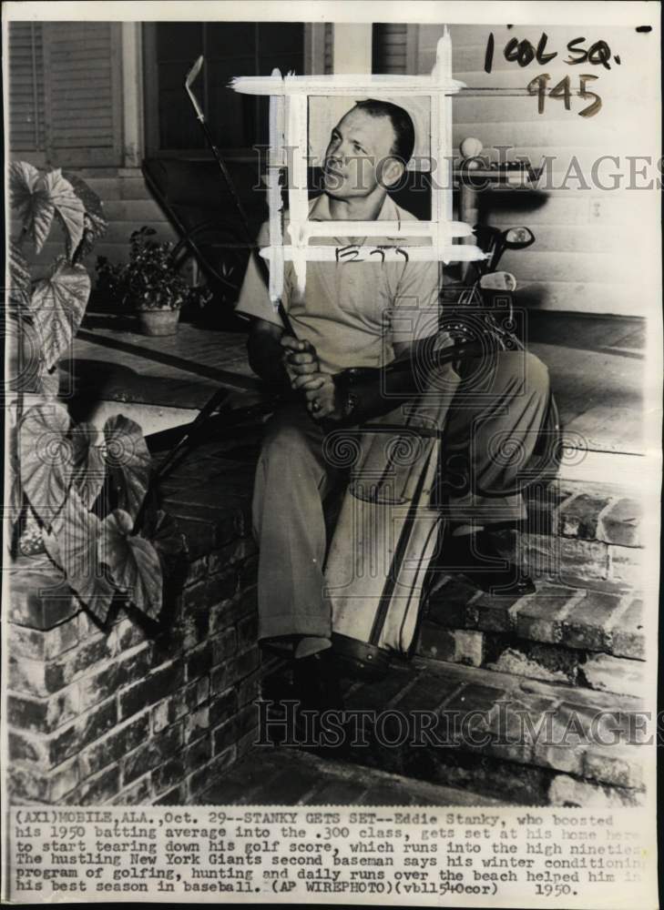 1950 Press Photo Giants&#39; baseball player Eddie Stanky, golf clubs, Mobile, AL - Historic Images