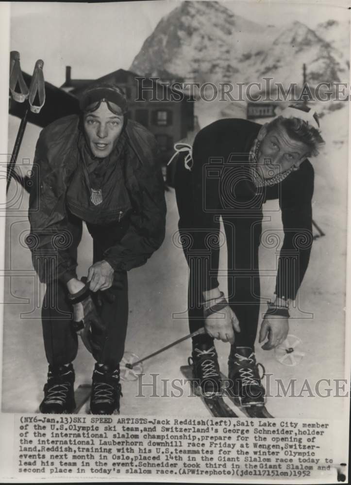 1952 Press Photo Jack Reddish &amp; George Schneider, Lauberhorn ski race, Wengen - Historic Images
