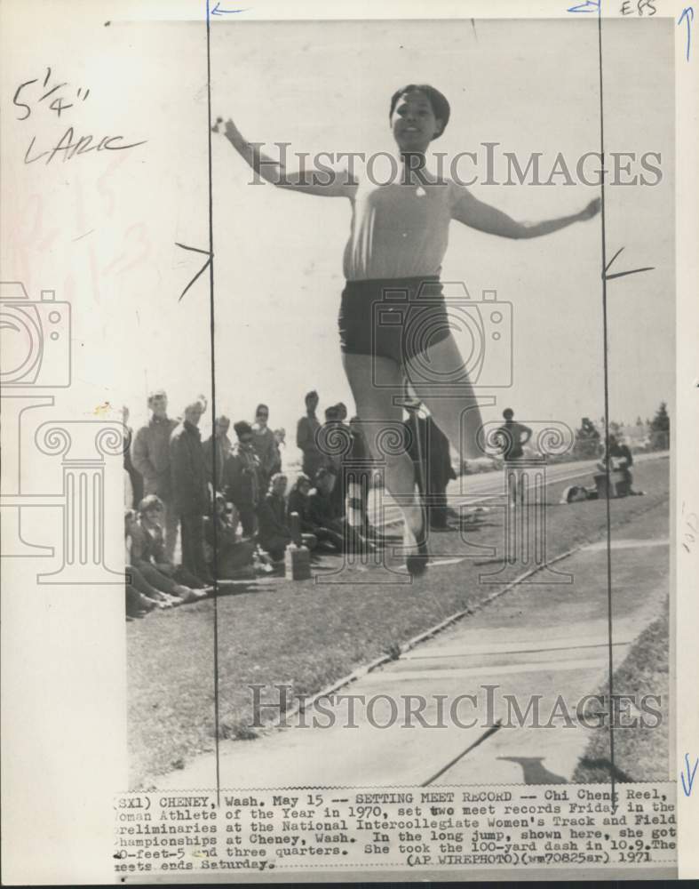 1971 Press Photo Long jumper Chi Cheng Reel, track meet, Cheney, Washington - Historic Images