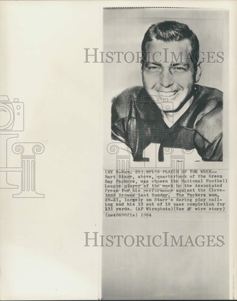 1964 Press Photo Portrait of Green Bay Packers&#39; football player Bart Starr - Historic Images