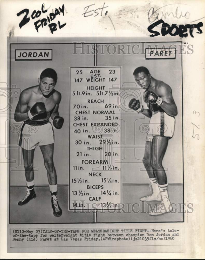 1960 Press Photo Boxers Don Jordan &amp; Benny Paret&#39;s body measurements - pis01931 - Historic Images