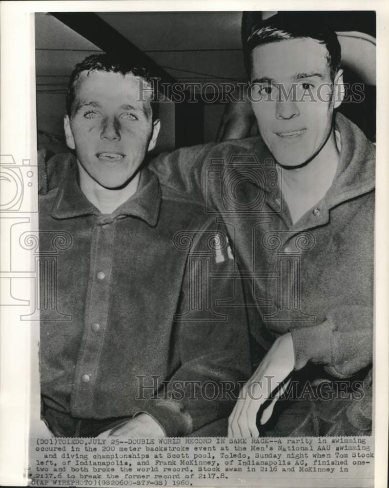 1960 Press Photo Backstroke Swimmers Tom Stock And Frank McKinney In Toledo Ohio - Historic Images