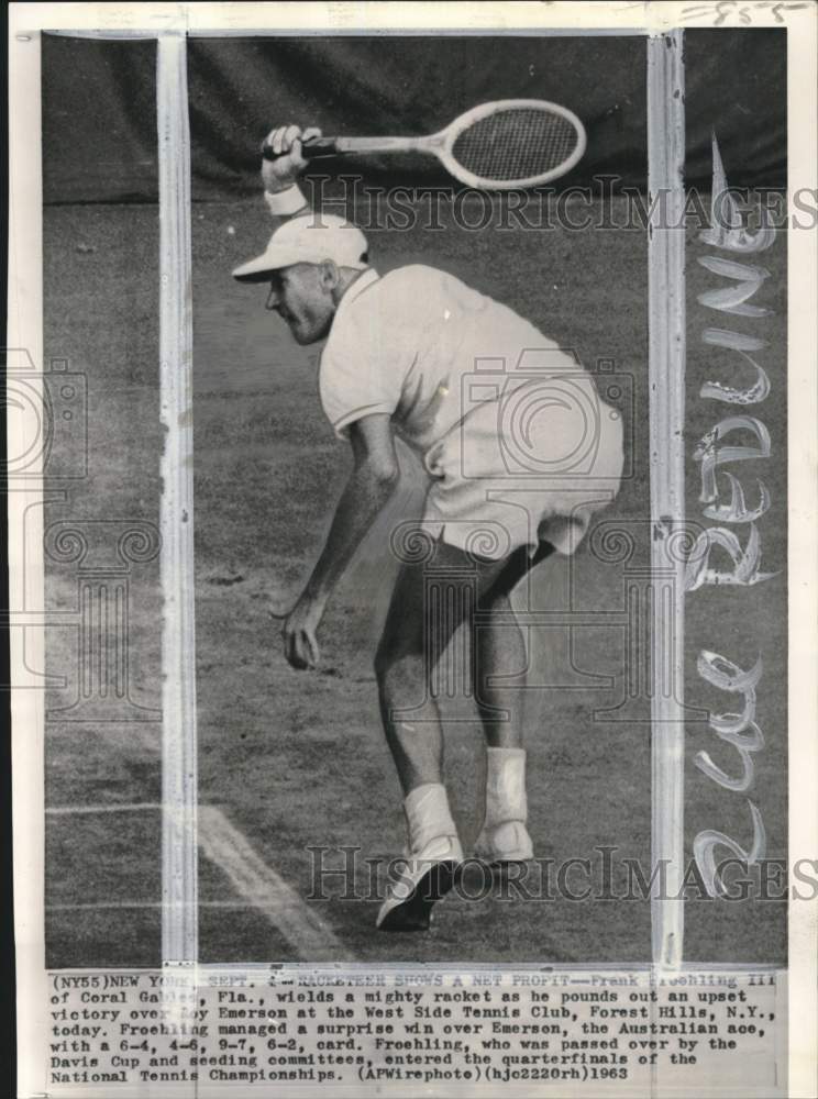 1963 Press Photo Frank Froehling in action, West Side Tennis Club, NY- Historic Images