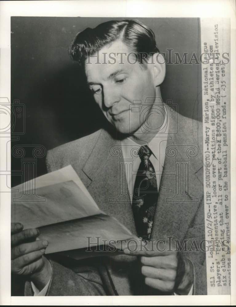 1950 Press Photo National League Players&#39; representative Marty Marion, St. Louis- Historic Images