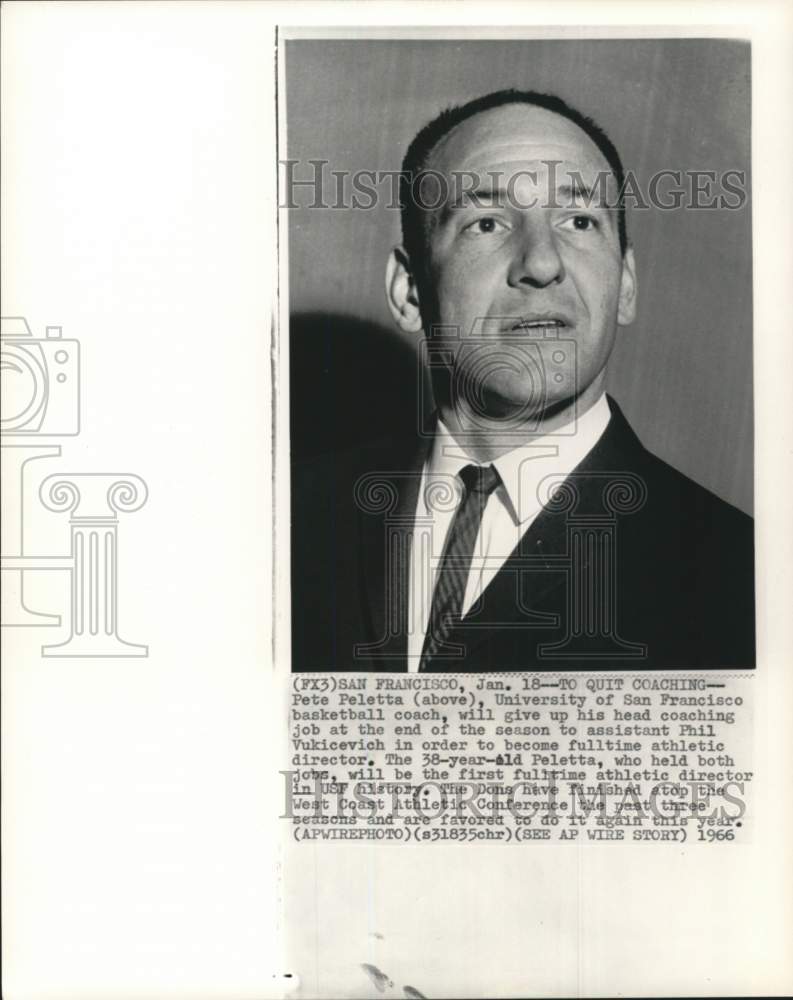 1966 Press Photo University of San Francisco&#39;s basketball Pete Peletta, CA- Historic Images