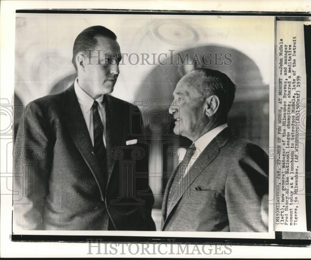 1959 Press Photo Baseball managers John McHale &amp; Fred Haney, Milwaukee luncheon - Historic Images