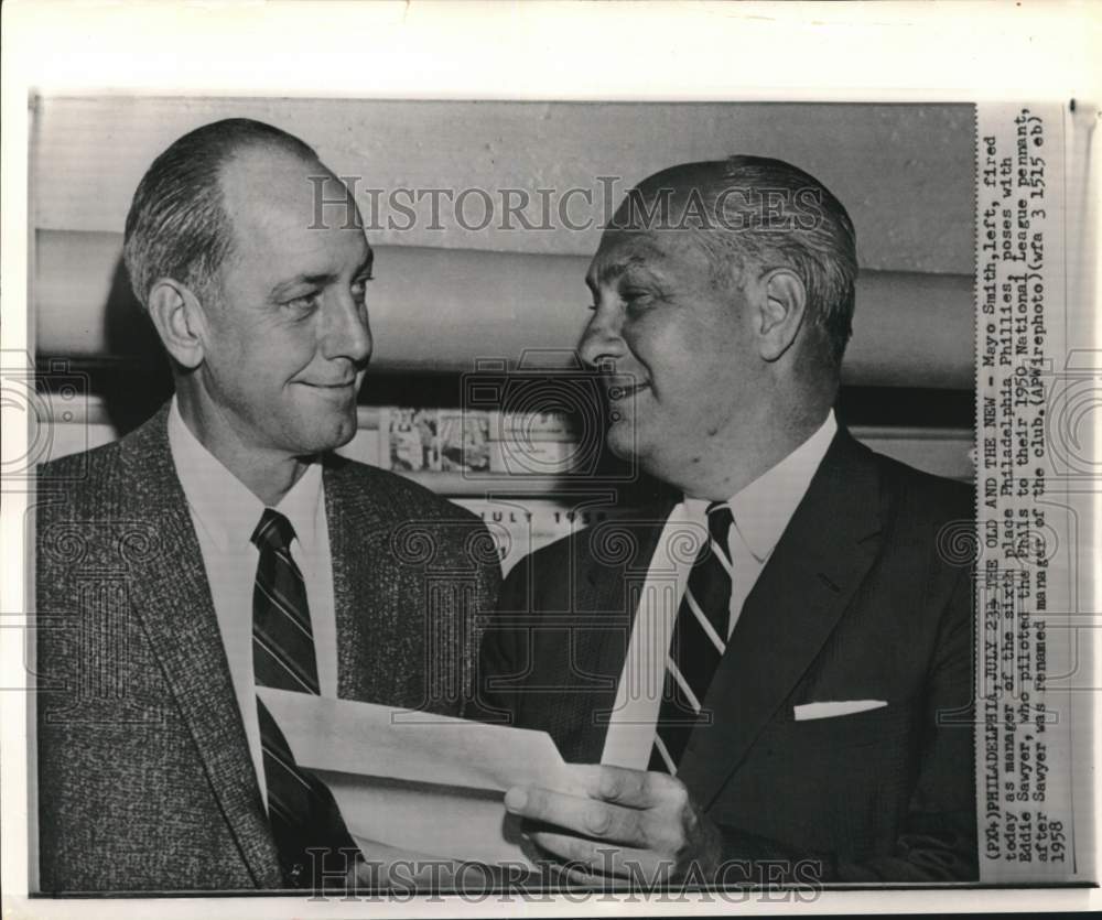 1958 Press Photo Phillies&#39; former baseball manager Mayo Smith &amp; Eddie Sawyer, PA - Historic Images