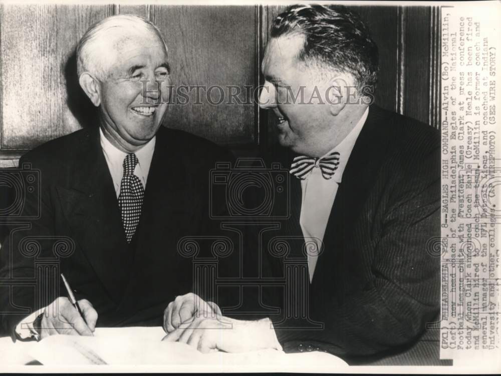 1951 Press Photo Eagles&#39; football coach Alvin McMillin &amp; James Clark, PA - Historic Images