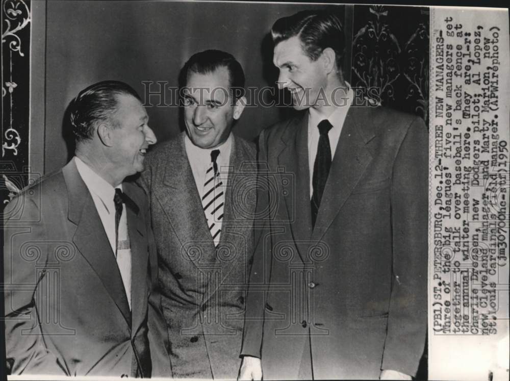 1950 Press Photo Charlie Dressen, Al Lopez &amp; Marty Marion, Baseball, Russia - Historic Images