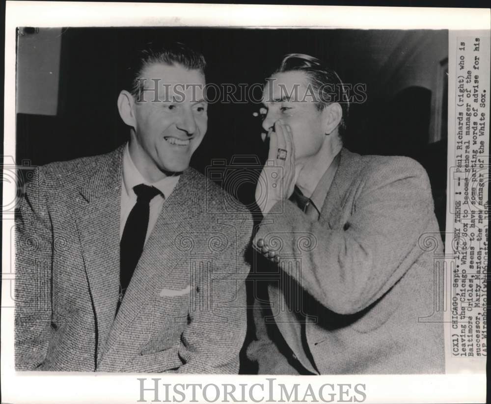 1954 Press Photo White Sox&#39;s baseball manager Marty Marion &amp; Paul Richards, IL- Historic Images