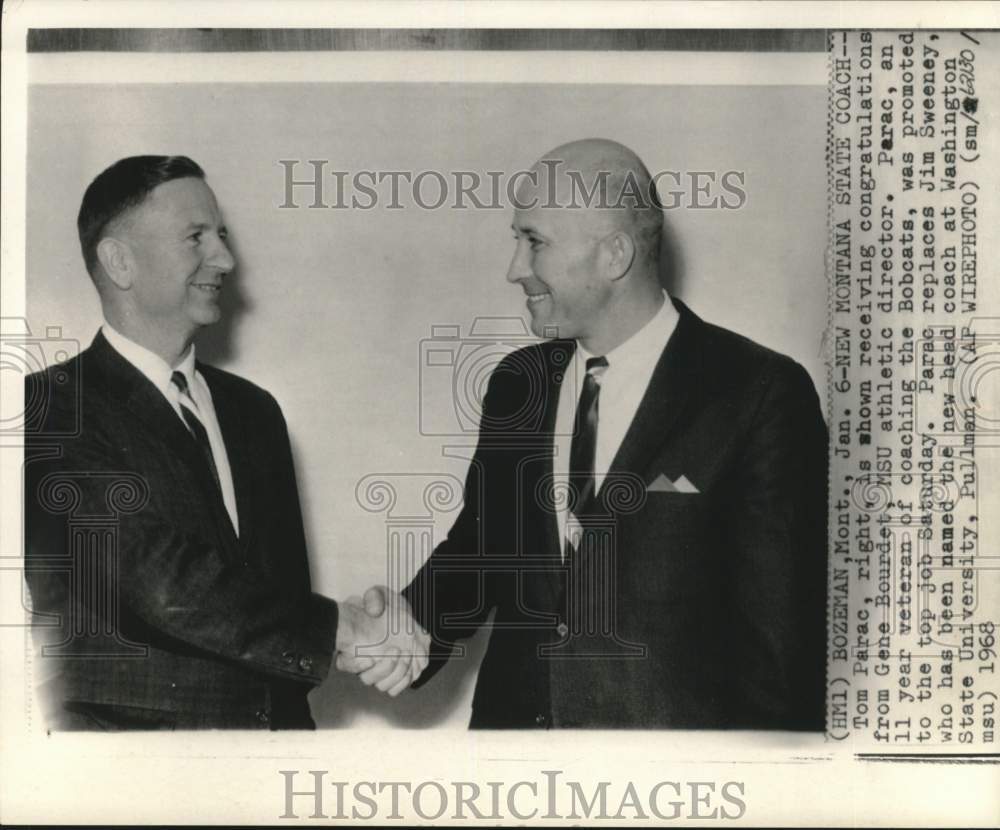 1968 Press Photo Gene Bourdet &amp; Tom Parac, Montana football coach, Bozeman, MT- Historic Images