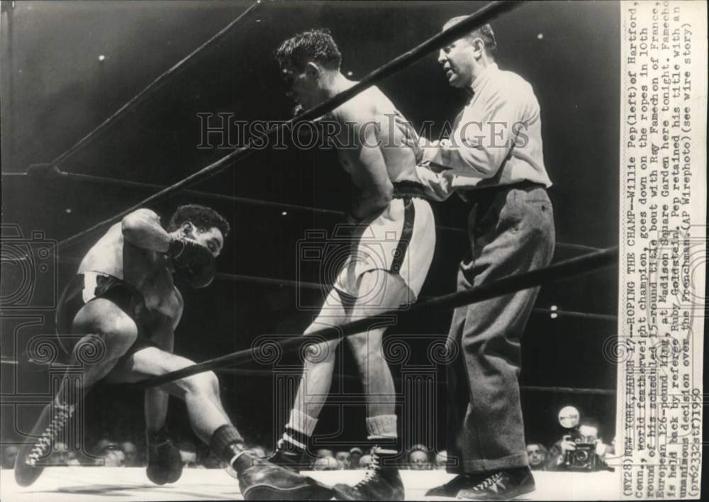 1950 Press Photo Willie Pep vs Ray Famechon &amp; referee Ruby Goldstein, Boxing, NY - Historic Images