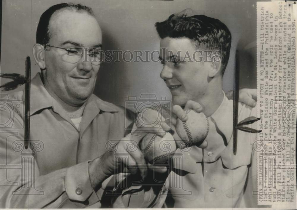 1950 Press Photo Bill Dietrich &amp; son Bill Jr. show baseball grip, Philadelphia- Historic Images