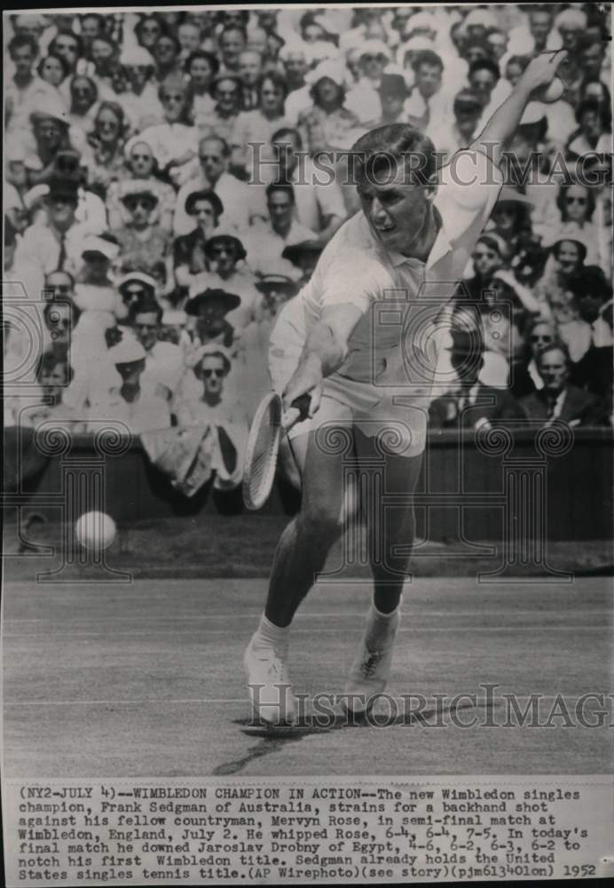 1952 Press Photo Tennis player Frank Sedgman, backhand shot, Wimbledon, England- Historic Images