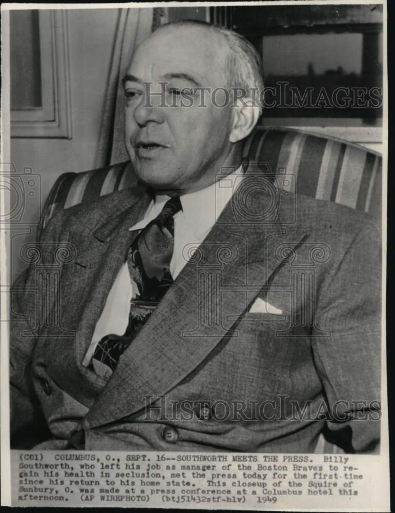 1949 Press Photo Braves baseball manager Billy Southworth, press conference, OH- Historic Images