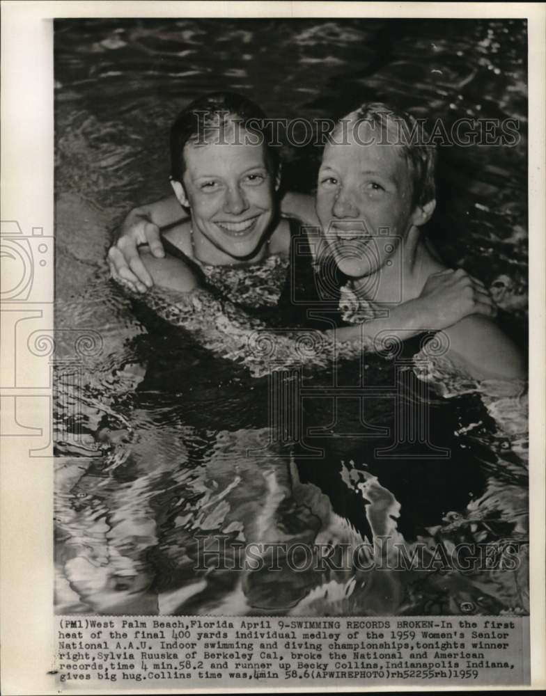 1959 Press Photo Swimmers Becky Collins &amp; Sylvia Ruuska, West Palm Beach, FL- Historic Images