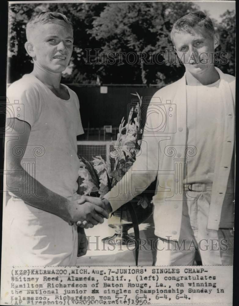 1950 Press Photo Tennis players Whitney Reed, Hamilton Richardson, Kalamazoo, MI - Historic Images