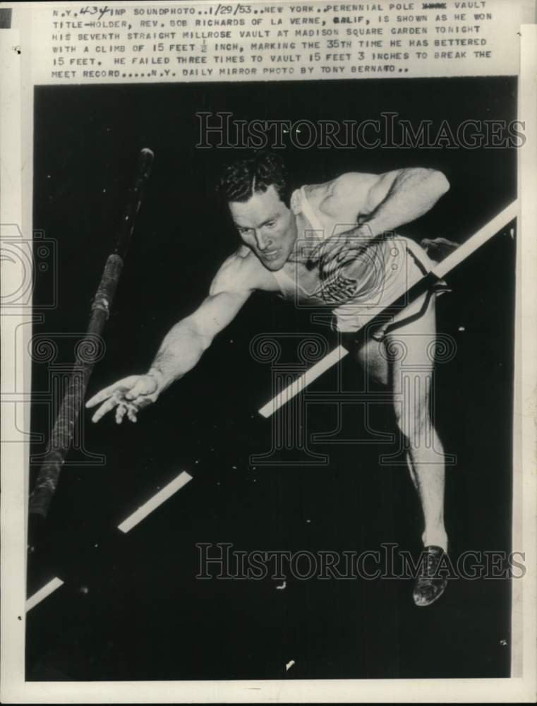 1953 Press Photo Bob Richards, pole vault title-holder, Millrose Games, New York- Historic Images