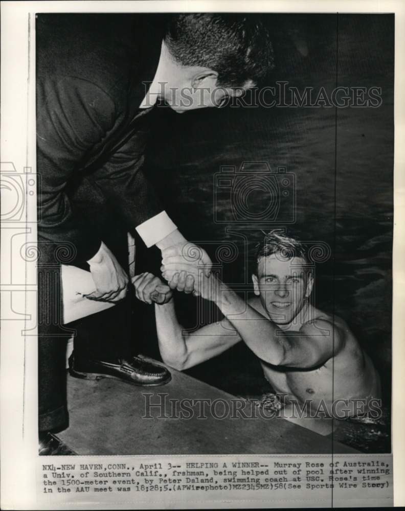 1958 Press Photo Swimmer Murray Rose, coach Peter Daland, New Haven, Connecticut- Historic Images