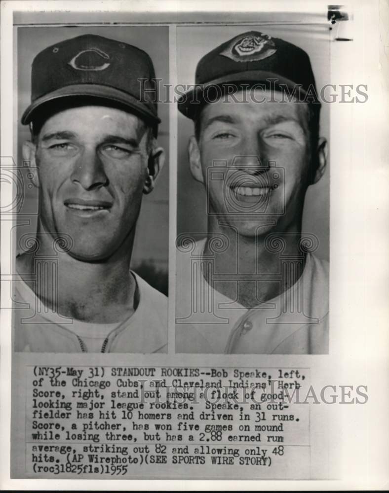 1955 Press Photo Bob Speake &amp; Herb Score, Major League baseball rookies- Historic Images