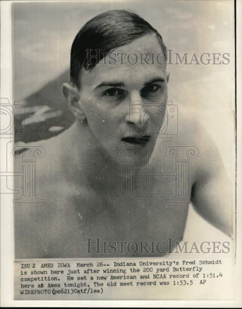 1965 Press Photo Swimmer Fred Schmidt wins 200-yard Butterfly competition, Iowa - Historic Images