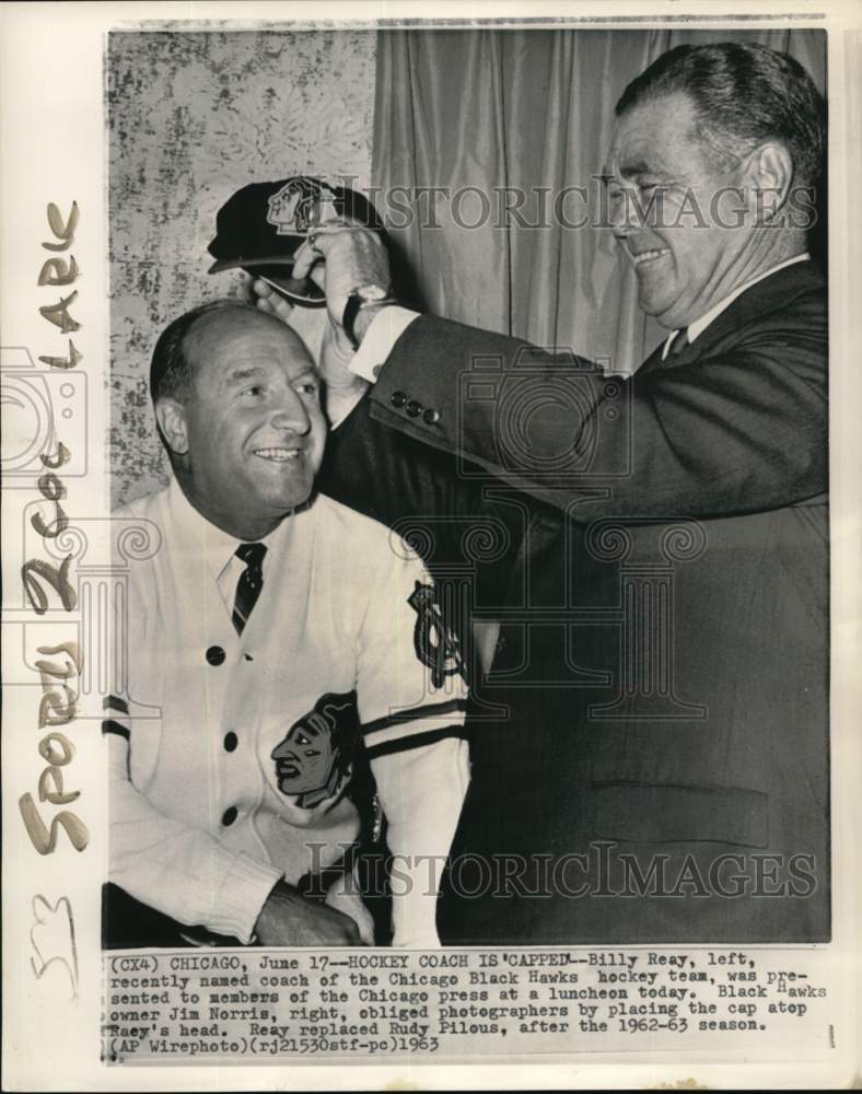 1963 Press Photo Hawks hockey Billy Reay & Jim Norris, Chicago press, IL- Historic Images