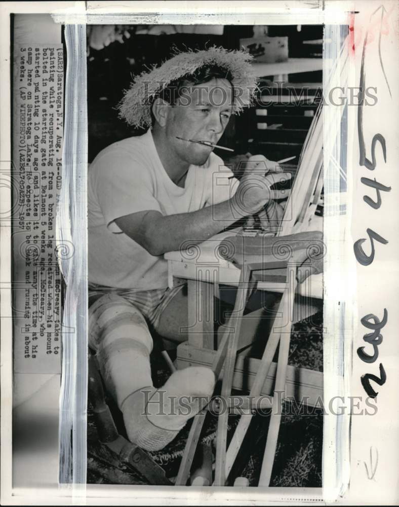 1957 Press Photo Jockey Conn McCreary paints while recuperating, Saratoga, NY- Historic Images