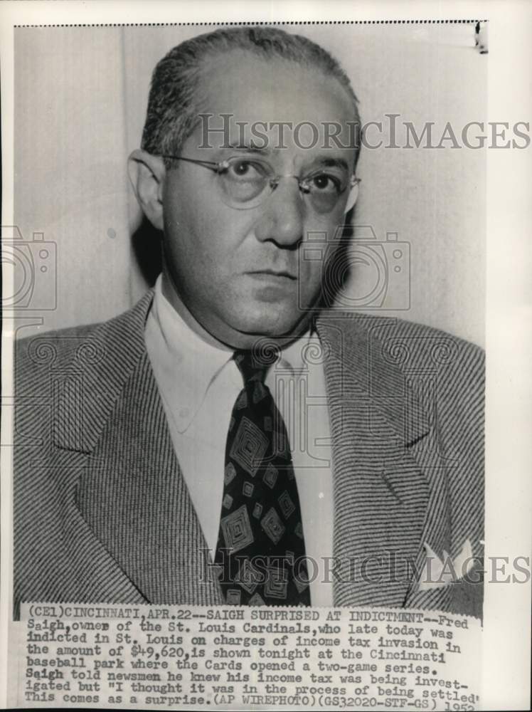 1952 Press Photo Cardinal&#39;s owner Fred Saigh, Cincinnati Baseball Park, Ohio - Historic Images