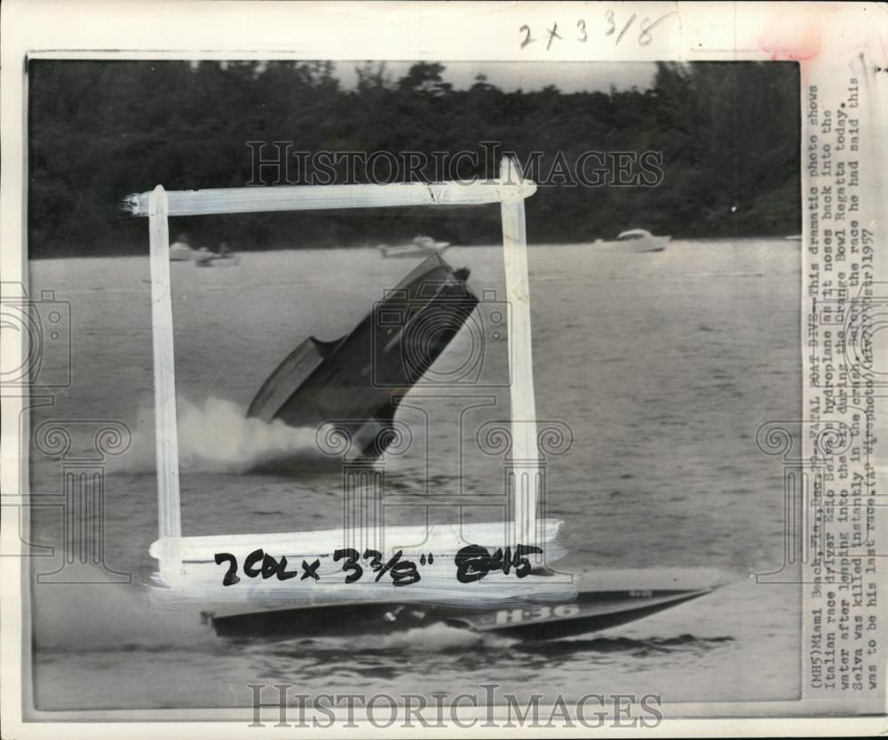 1957 Press Photo Hydroplane racer Ezio Selva crashes, Orange Bowl Regatta, FL- Historic Images