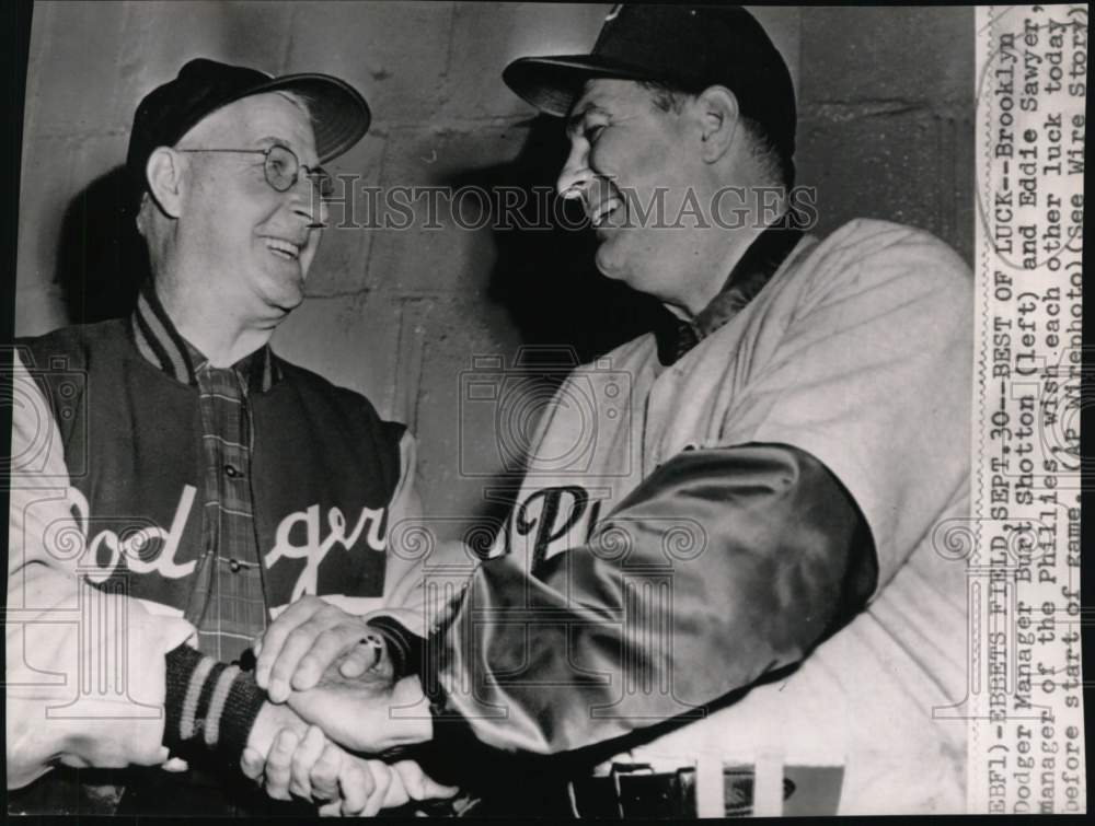 1950 Press Photo Brooklyn Dodgers&#39; Burt Shotton &amp; Eddie Sawyer, Ebbets Field - Historic Images