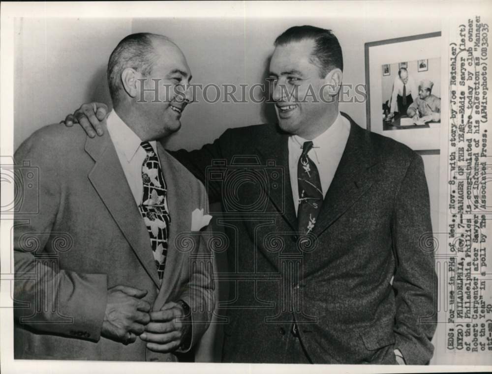 1950 Press Photo &quot;Manager of the Year&quot; Eddie Sawyer &amp; Robert Carpenter, PA - Historic Images